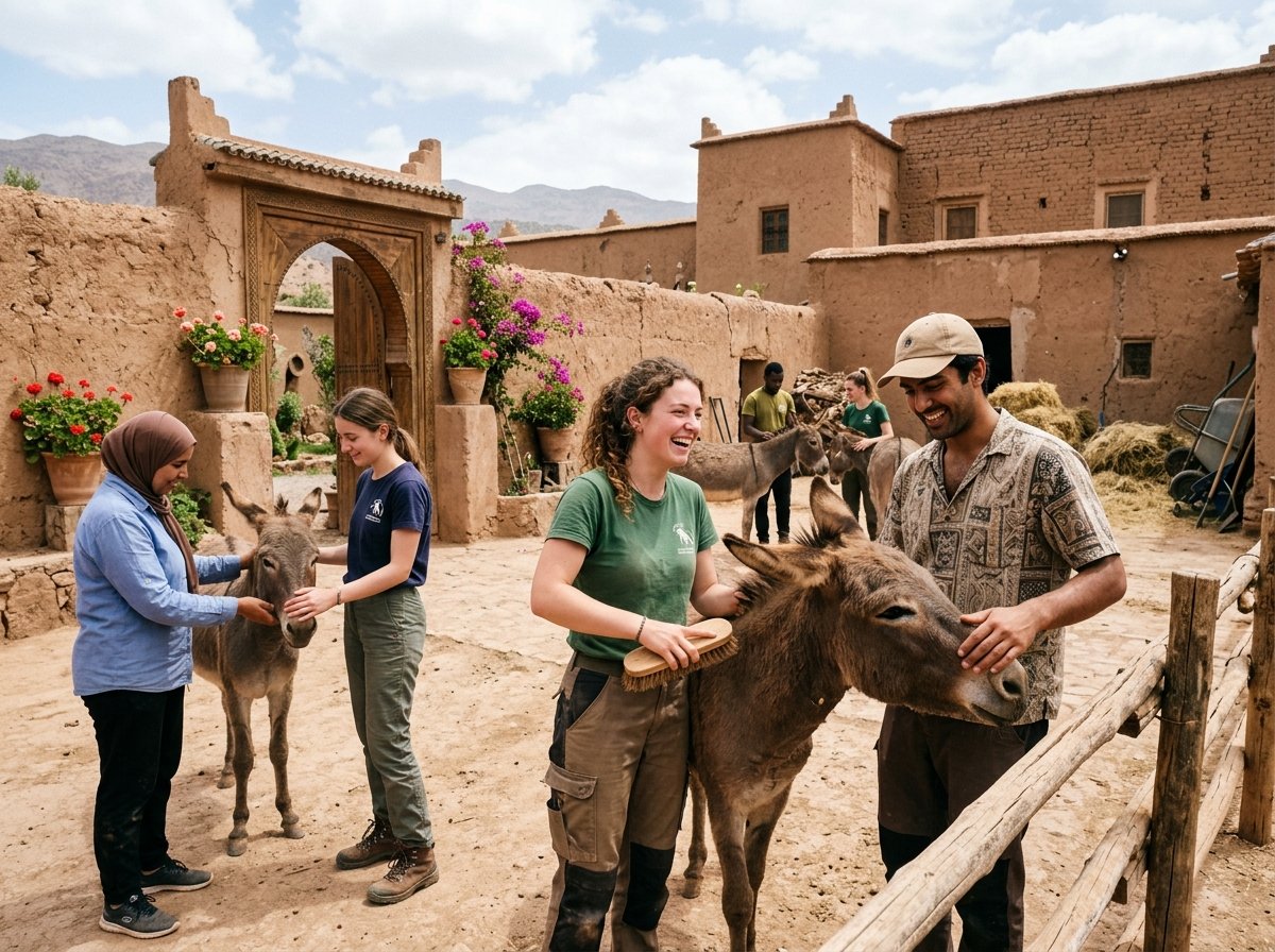 Founders and caregivers brushing a gentle donkey